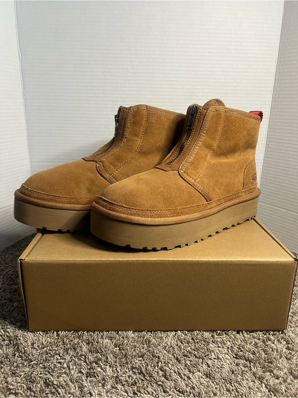 UGG Neumel Platform Chestnut Suede Front-Zip Ankle Boots